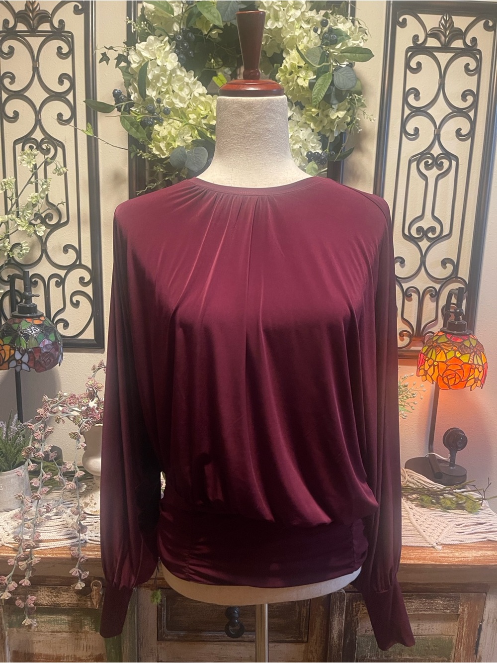 Express Burgundy Ruched Banded Bottom Dolman Sleeve Blouse